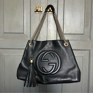 Gucci Black Leather Shoulder Tote with Chain Straps and Tassel